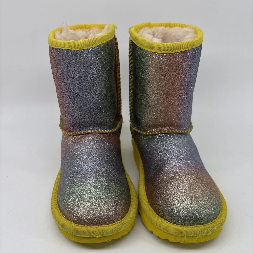 UGG Little Girl 10 Rainbow Glitter Yellow Trim Classic Short Shearling Fur Lined